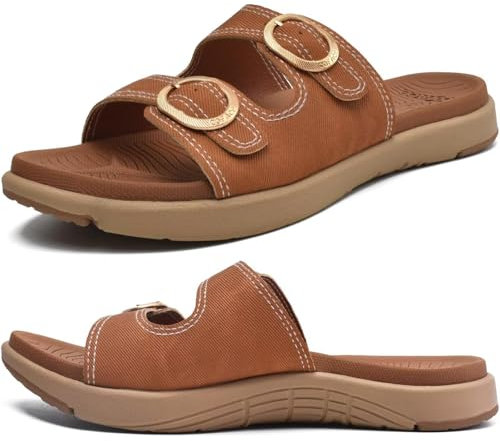 COFACE Sandales Femme Été Mode Orthopedique Slides Avec Support Confortable Plantar Fasciite Léger Sandale De Sangles Réglables,Kaki/Beige 35