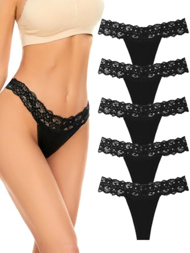 VOENXE Perizoma Mutande Donna Senza Cuciture,Pizzo Misto Cotone Brasiliana | Taglio Laser Underwear,Seamless Thong Women Invisibili Tanga Panties,Elasticizzato Palestra Mutandine Lace Slip,5 Pack