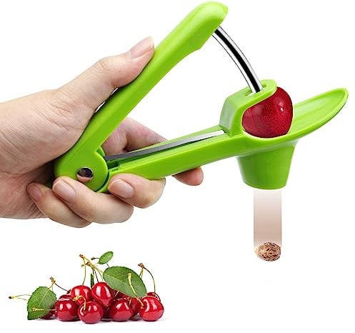 VOSSOT Deshuesador de Cerezas, Deshuesador Cerezas y Aceitunas con Copa del Soporte de Silicona Suave y Polo de Acero Inoxidable,Deshuesadora de Cerezas para Hacer Mermeladas y Gelatina (Verde)