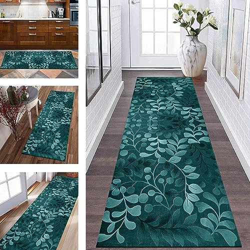 Teppich Flur Läufer Küche Lang rutschfest Küchenteppich Teppichmatten 60X200CM Küchenläufer Türkis Blumen Korridor Teppichläufer Waschbar Meterware Flurläufer Wohnzimmer Schlafzimmer Breite 40-120cm