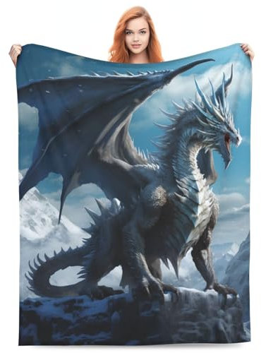 amepay Coperta in flanella con drago blu ghiaccio, regalo per adulti e ragazzi, con montagna e neve, morbida, comoda, leggera, per decorare la casa, divano, letto, 203 x 152 cm