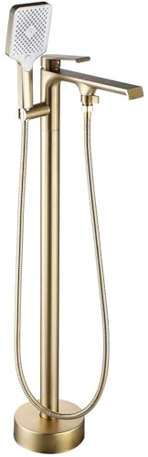 Rea HASS BRUSH GOLD Freistehender Badewannenarmatur Wasserhahn Badewanne Einhebel Wannenarmatur mit Handbrause Badarmatur aus Messing Mischbatterie(Gold)