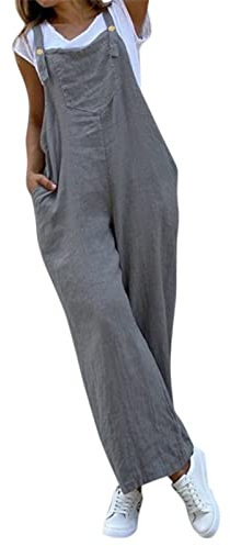 IQYU Salopette da lavoro da donna, in tessuto, estivi, lunghi, in lino, con bottoni, taglie forti, pantaloni da jogging oversize, grigio., XXL