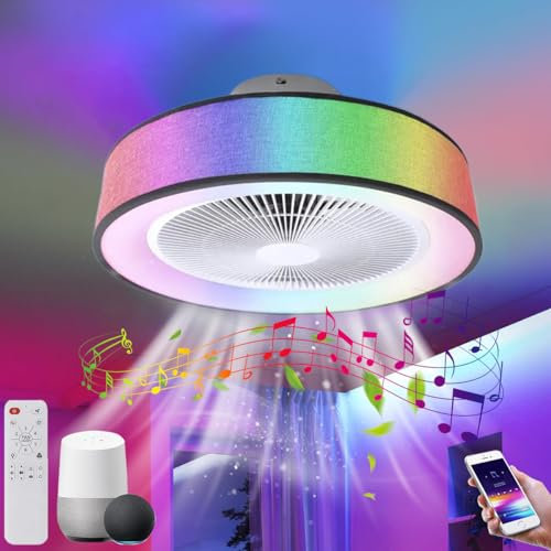 LED RGB Musik Deckenleuchte mit Ventilator und Fernbedienung Leise Deckenventilator mit Beleuchtung Dimmbare Ventilator Lampe mit Bluetooth Lautsprecher Lampenschirm aus Stoff Deckenlampe Lüfter Licht