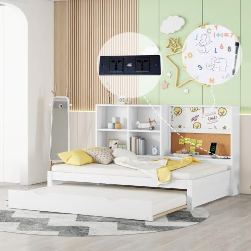 Tcewhhy Schlafsofa 90x200 cm Tagesbett Mit Ausziehbarem Bett USB-Ladeanschluss Zeichenbrett Mehrere Staufächer Jugendbett Für Erwachsene Jugendliche Bodenbett Gästebett Weiß