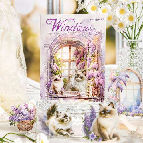 Arpaper 120 Pcs Scrapbooking Zubehör Niedliche Katze&Blume Scrapbook Stickers Set Sticker Aesthetic Bullet Junk Journaling für Scrapbook, DIY Photo Album, Diary(Cat on the Windowsill Series)