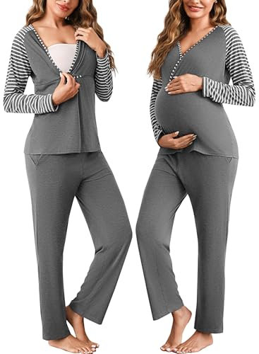 Bresdk Ensemble de Pyjama Maternité Coton Manche Longue Vêtement de Nuit Hiver Chaud Allaitement Pyjama 2 pièces