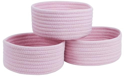 Lot de 3 petits paniers tissés, petits paniers en corde de coton pour organisation, mini panier de rangement mignon pour cadeaux, poubelle ronde décorative bohème pour salle de bain (rose)