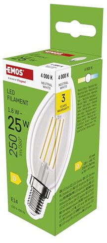 EMOS LED Lampe Edison Candle, 1,8W Ersatz für 25W Glühbirne, Vintage-Glühlampe mit E14 Sockel und Helligkeit 250 lm, Neutralweiß 4000 K, 25000 Stunden Lebensdauer, CRI > 80, 360° Abstrahlwinkel
