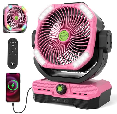 RUNTOP Battery Operated Fan, Table Fan Oscillation Adjustable Tilt Fans with Remote Control, 45000mAh Rechargeable Battery Powered Camping Fans for Home, Office, Dorm Travel BBQ(Pink)
