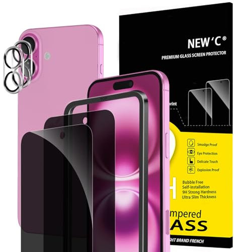 NEW'C 2 x Protector Pantalla privacidad para iPhone 16 Plus (6,7 Pulgadas) y 2 x Protector Pantalla Protector de Lente de Cámara - Cristal Templado - Herramienta de instalación fácil incluida