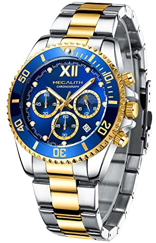 MEGALITH Uhren Herren Chronograph Edelstahl: Herrenuhr Groß Gold Blau - Armbanduhr Herren mit Datum Leuchtende Moon Phase