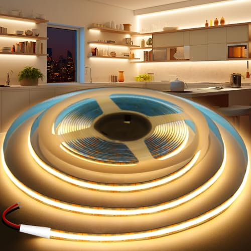 KSIBNW 24V COB LED Streifen 10M, Selbstklebend LED Strip Warmweiß 3000K Licht Band 8mm Breite CRI90+ 320LEDs/m Flexibel Strip Lights für Home Dekoration, Küche, Schlafzimmer, Ohne Netzteil