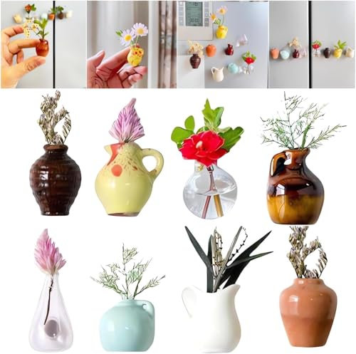 Mini Vase Magnets for Fridge, Mini Ceramic Vase Magnets for Refrigerator, Plant Vases Refrigerator Magnets Cute, Tiny Magnetic Vases Decorative, Small Fridge Accessories Kitchen(8PCS)