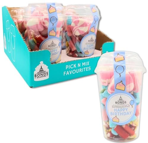 Bonds of London Happy Birthday Pick 'N' Mix Sweet Cups, Retro Strawberry Mallow Whips, Bottles & Milk Chocolate Beans, 265 g (Pack of 6)