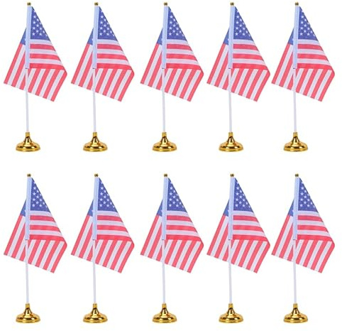 jojofuny American Desktop Flag Set with Round Gold Bases Small Usa Table Flags for Office Decoration Parties and Patriotic Events Double-Stitched USA Desk Decor