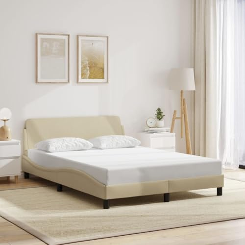 QJBSAVVA Bettgestell Dover Creme 140x190 cm Stoff Kopfteil Wellendesign Massive Kiefer Rahmen 208x145x74,5 cm Modernes Ehebett fürs Schlafzimmer