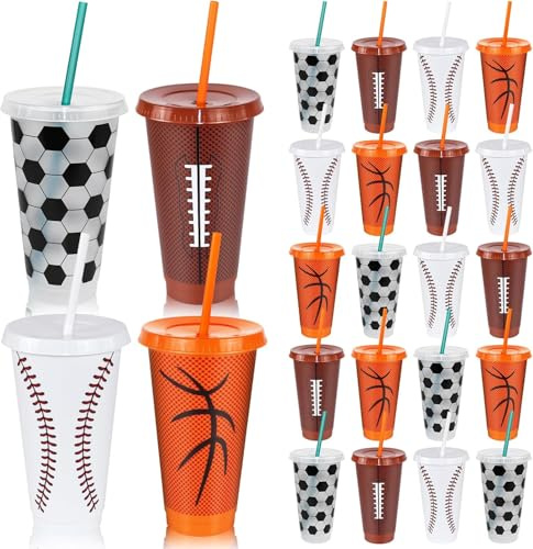 24Pcs 24 Oz Plastic Football Cups Reusable Tumbler with Lid and Straw Baseball Basketball Soccer Birthday Party Cups for Coach Fan Men Women Sports Team Decoration