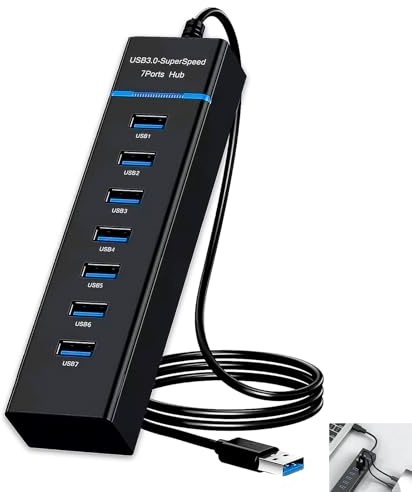 Hub USB 3.0 7 Puertos, Adaptador USB Múltiple con Carcasa de Aluminio y Cable Largo de 1.2 m, Adaptador Multi USB Súper Velocidad 5Gbps, Expansor para PC y Portátil, Compatible con Windows Mac Linux