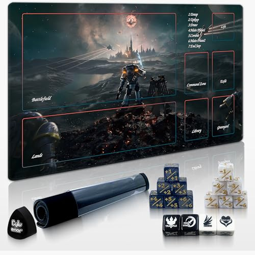 Cylvenor 24x14 MTG Playmat with Storage Tube & 16-Piece Dice Set - Non-Slip Rubber TCG Card Game Mat, Stitched Edges Tabletop Gaming Mat (40K 01, 40K Series)