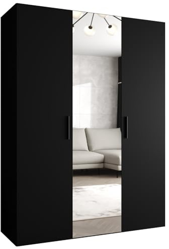 MEBLE KRYSPOL - Kleiderschrank - Garderobenschrank - 150 cm x 202 x 52 cm - Schrank mit Kleiderstange und Spiegel, 3 Türen - für Schlafzimmer, Flur - BARI, Schwarz, Griff Schwarz