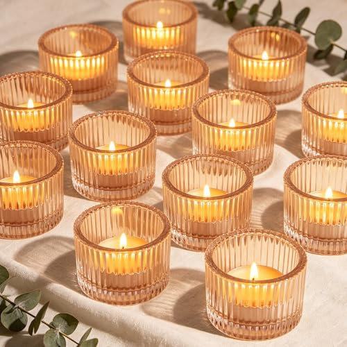 Filltown Lot de 12 photophores dorés en verre, mini bougies vintage rayées et supports pour mariage, Noël, maison, fête d'anniversaire