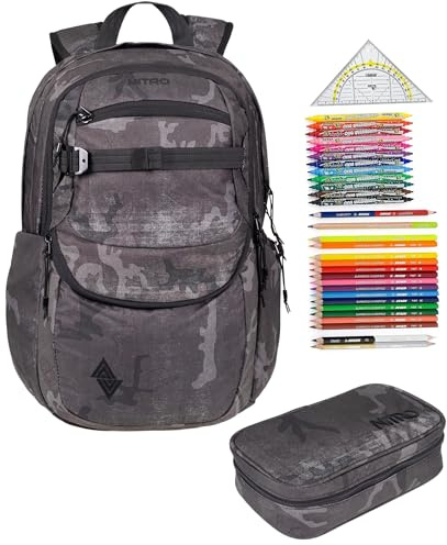NITRO Schulrucksack 3 Teile Set Future Hero Forged Camo 1984 rmv | Jungen Mädchen Schultasche Schulmappe Schulrucksackset mit 31tlg. Stifte Füllung
