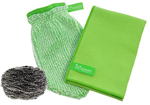 Jemako 2er Set GRÜN - Trockentuch (45 x 60 cm) + Reinigungshandschuh inkl. Edelstahlspirale & Sinland feinmaschiges Wäschenetz