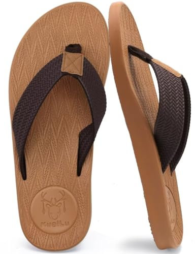 KuaiLu Tongs en Mousse pour Hommes Sandales en Cuir Non Glissant pour Soutien De La Voûte Plantaire, Kaki-noir, 43 EU