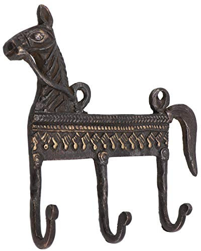 GURU SHOP Filigran Verzierter 3`er Messing Wandhaken, Wandgarderobe, Schlüsselhalter, Kleiderhaken- Pferd/Antikbraun, 14x14x3 cm