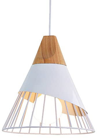 Moderne vintage Suspension Luminaire,bois Plafonnier industriel Métal Blanc Lampes Suspendues abat-jour Forme de Cône Fer Cage éclairage pour salle à manger cuisine,couloir,Ampoule E27 non incluse