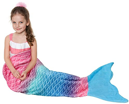 Catalonia Classy Fleece Meerjungfrau Decke, Warme Meerjungfrauenflosse Sofa Decke für Mädchen Kinder, Schlafsack Meerjungfrau Schwanz Decke, 155 x 50 cm, Rosa/Blau