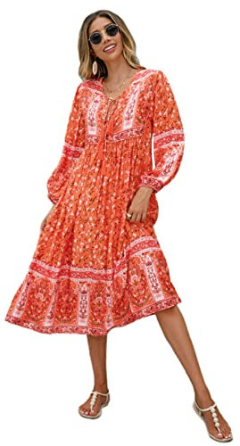 R.Vivimos Women's Casual Bohemian Print Neck Tie Long Sleeve Beach Style Long Midi Dress Vacation Dress(Large,Orange#2)