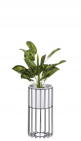 HowHomely Moderne Blumenständer Metall 42 cm Hoch mit Weiß Blumentopf Rund 19 cm Ø auf Robuste Schwarz Ständer - Pflanzenständer zur Dekoration Innenräumen