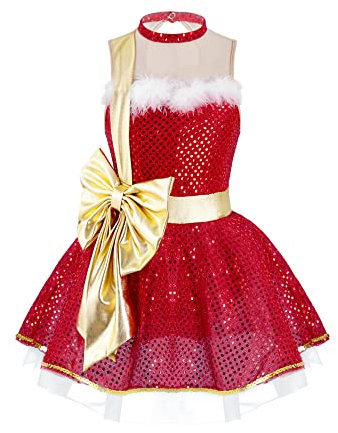 iEFiEL Glitzer Weihnachtself Kleid für Kinder Mädchen Weihnachtskleid Pailletten Tutu Rock Weihnachtsbaum Partykleid mit Hut Performance Tanzkostüm Ua Rot 134-140