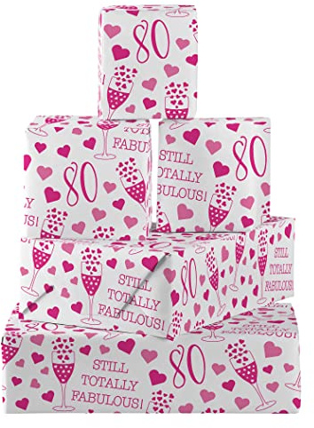 Hunts England Geschenkpapier zum 80. Geburtstag, 5 Bögen mit 5 Geschenkanhängern, gefaltetes Geschenkpapier für Frauen zum 80. Geburtstag, Kollektion Still Totally Fabulous, Alter 80