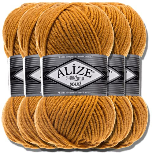 Alize 5 x 100g Superlana Maxi Türkische Premium Wolle Baumwolle und Acryl Uni Handstrickgarne | Yarn | Garn | Strickgarn Einfarbig Baby zum Häkeln Stricken Kleidung Schals (Saffron | 2)