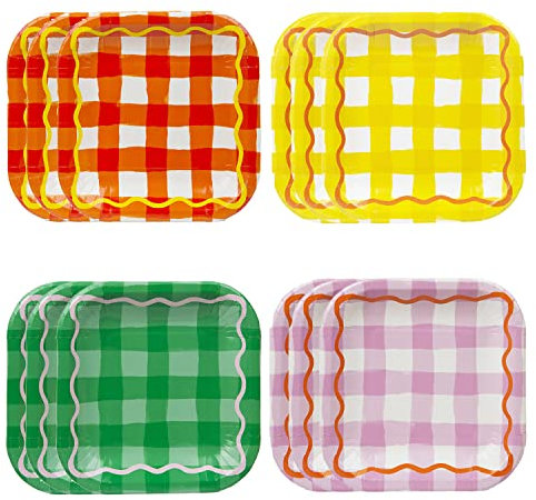 Talking Tables Platos a cuadros en naranja, amarillo, verde y morado, vajilla de papel colorido para Pascua, fiesta de cumpleaños, picnic, verano, paquete de 12, 18 cm x 18 cm, platos