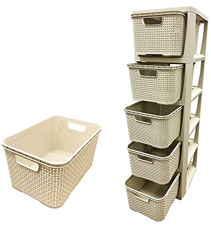 Large Modular 5 Drawer Cream Rattan Tower Unit | for Home Office & School Storage