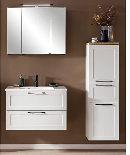 Lomadox Badmöbelset Badezimmer, mit 80 cm Waschtisch Spiegelschrank Midischrank in weiß, B/H/T ca. 140/200/47 cm