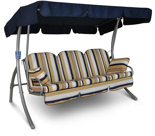 Angerer Freizeitmöbel GmbH Hollywoodschaukel Ibiza - Gartenschaukel Made in Germany - Schaukel zum Sitzen, Liegen und Entspannen - mit Bett-Funktion - einfache Montage (Blau-Beige-Weiß gestreift)