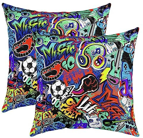 Kinder Hippie Graffiti Style Kissenbezüge 40x40cm 2er Set Kissenbezüge Weich Hip Hop Dekor Kissenbezug Kissenhülle Graffiti Grafik Dekorative Sbaumt Culture Dekokissen Musik Sofakissen Couchkissen