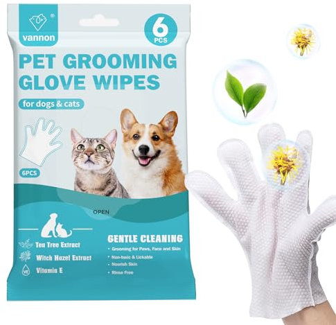 Vannon Extra Thick Pet Bathing Wipes for Dogs & Cats, Cleaning & Odor-Controlling Grooming Gloves, Nourish Fur Glove Wipes for Daily Care and Traveling, Rinse Free, Unscented, 6 PCS