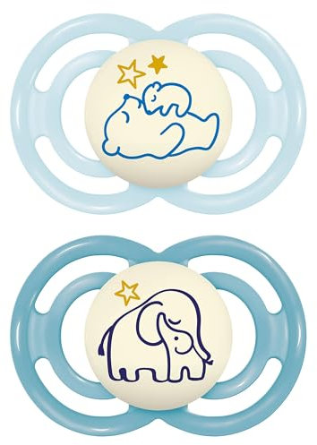 MAM Perfect Night Schnuller im 2er-Set, leuchtend im Dunkeln, zahnfreundlicher Baby Schnuller aus nachhaltigen & bio-erneuerbaren Materialien, mit Schnullerbox, 16+ Monate, Bär/Elefant
