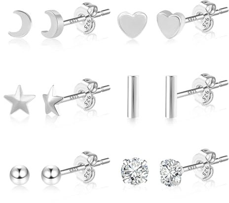 Silber 925 Ohrringe Ohrstecker Set Damen, 6 Paar Sterling Silber Ohrstecker Klein Set Ohrringe Silber Ohrstecker Kleine Knorpel Glitze Ohrstecker Herz Stern Mond Silber Ohrringe Kleine Damen