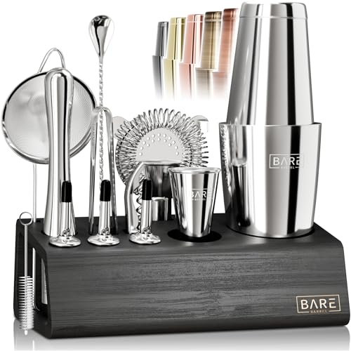 BARE BARREL® Cocktail Making Kit | 14-Piece Bartender Kit Cocktail Shaker Set Maker | Bamboo Display Stand & 35 Recipe Cards | Mixology Cocktail Gift Set (800ml/28oz Boston Shaker, Silver/Black)