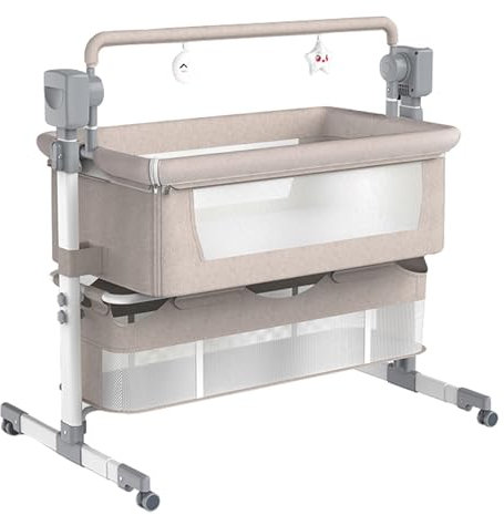 Magic ZC Cuna al Lado de la Cama de Bebé Cuna Portátil Multifuncional Convertible Cunas Plegable con Música Bluetooth 5 Dispositivos Oscilantes Control Remoto (Khaki)