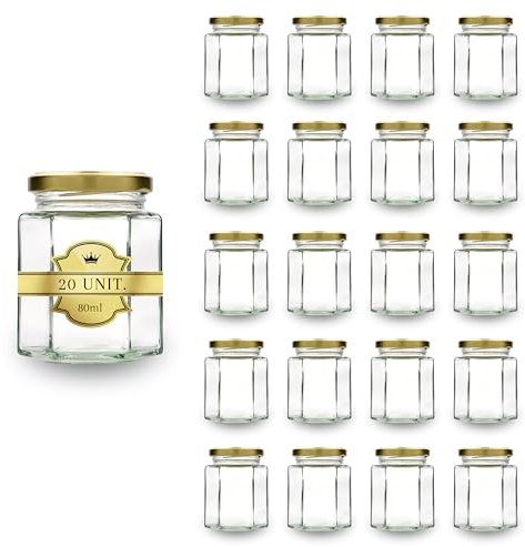 Espirito Rebelde 20x Petit Pot de Miel Hexagonal avec Couvercle 80ml - Idéal pour la Conservation de Miel, Confiture, Épices, Yaourt