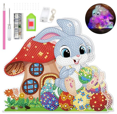 Diamond Painting Ostern,Frühling Diamond Painting,5D DIY Diamond Painting,Ostern Deko Ornamente Set mit LED Licht,Diamond painting Hase,Geeignet für DIY Handgemachte Dekorative Ornamente