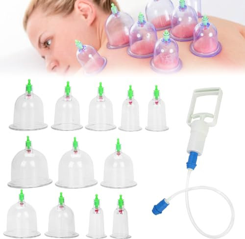 WIYETY Set di coppette Cupping Therapy: 12 bicchieri con pompa per vuoto, coppette con manico e tubo di prolunga, set di coppettazione, set per coppette per tutto il corpo